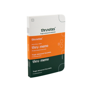 Pack of three Thru Memo waterproof notebooks with orange and dark green cover design.