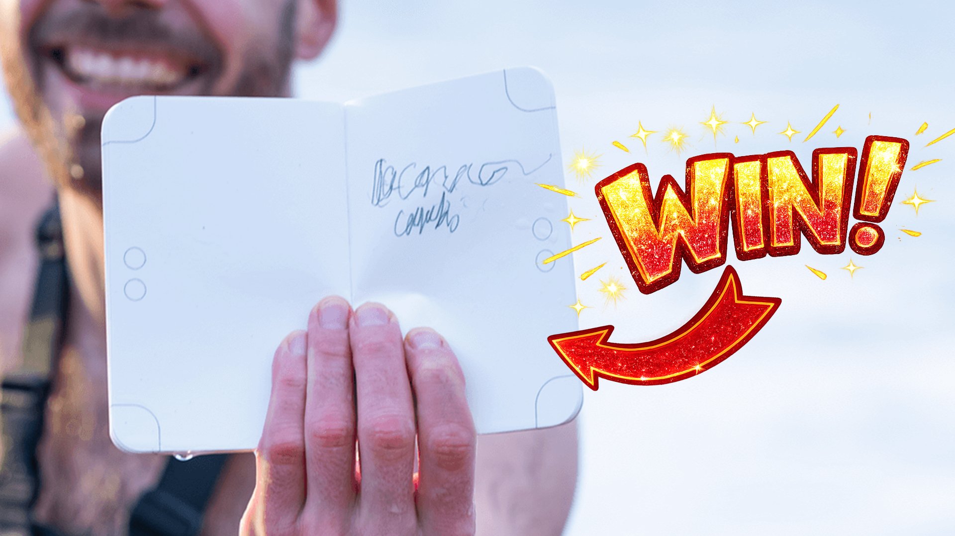 Man smiling in the freezing sea holding open a Thrunotes waterproof notebook with a name hand written with pencil inside